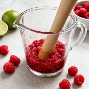 Muddled raspberries releasing juice in a clear pitcher