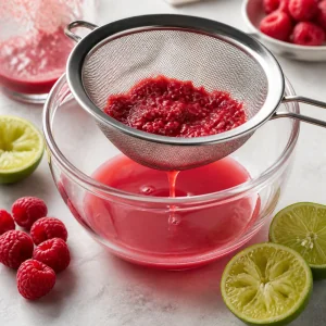 Raspberry lime mixture draining through a fine-mesh sieve