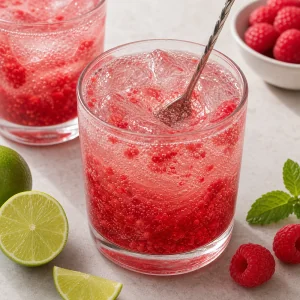 Raspberry lime sparkling water gently stirred in a glass