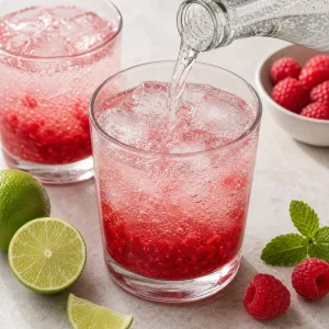 Sparkling water poured into a glass with raspberry lime base