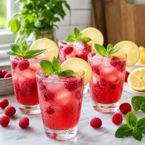 Garnished raspberry mint drinks with lemon slices and fresh mint