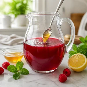 Honey being stirred into a pitcher of strained raspberry base
