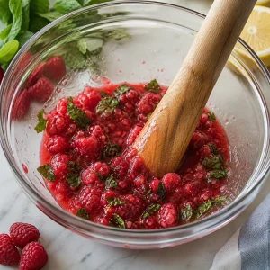 Raspberries and mint being mashed with a wooden muddler