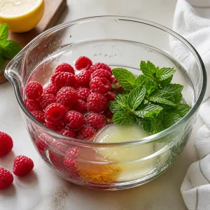 Raspberries, mint, lemon juice, honey, and water in a glass bowl