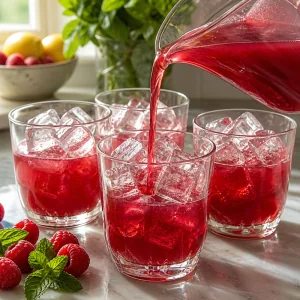 Raspberry base poured into four ice-filled glasses