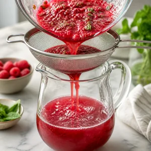 Raspberry mint mixture being strained through a fine sieve into a pitcher
