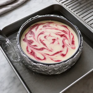 Cheesecake pan sitting in a hot water bath