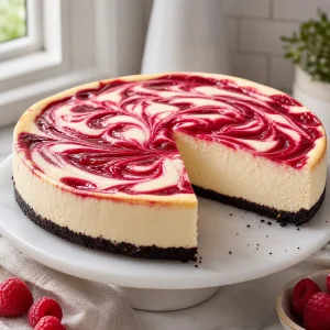 Fertiger Käsekuchen mit Himbeerwirbeln und Schokoboden