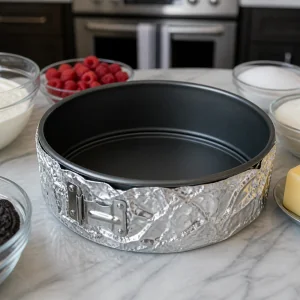 Foil-wrapped springform pan ready for cheesecake