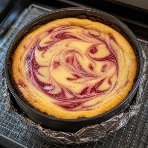 Just-baked raspberry swirl cheesecake in the pan