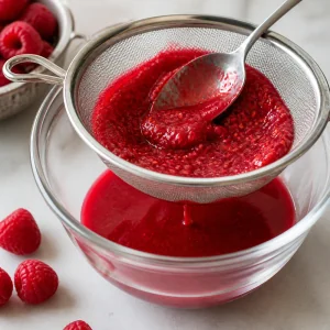 Raspberry puree being strained through a sieve