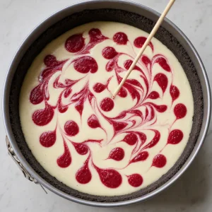 Raspberry puree swirled over unbaked cheesecake filling