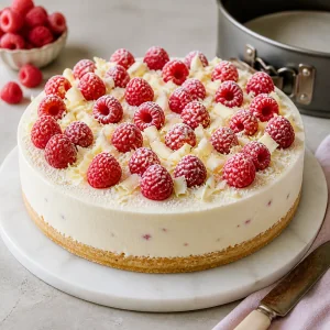 Bolo mousse frio de chocolate branco com framboesa desenformado com raspas de chocolate e acucar de confeiteiro