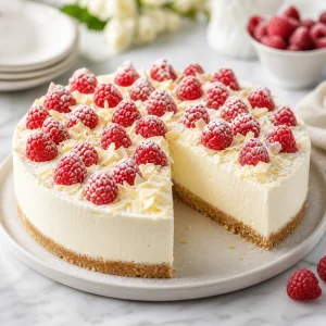 Fertige Himbeer-Weisse-Schokolade-Mousse-Torte mit Shortbread-Boden, frischen Himbeeren, weissen Schokoladenraspeln und Puderzucker.