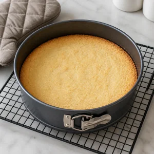 Base de shortbread levemente dourada esfriando em forma de aro removivel sobre uma grade