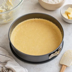 Massa de shortbread pressionada uniformemente em uma forma de aro removivel para a base do bolo