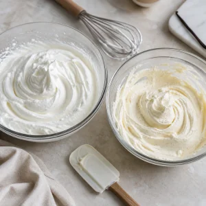 Mistura de chocolate branco e mascarpone incorporada delicadamente ao chantilly ate ficar fofa