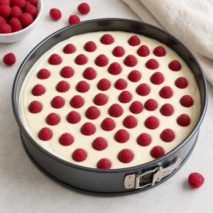 Mousse de chocolate branco espalhada sobre a base fria com framboesas frescas pressionadas por cima