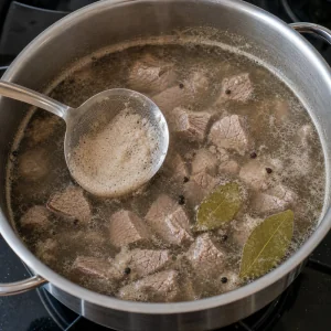 Кусочки говядины варятся с лавром, пену снимают с поверхности