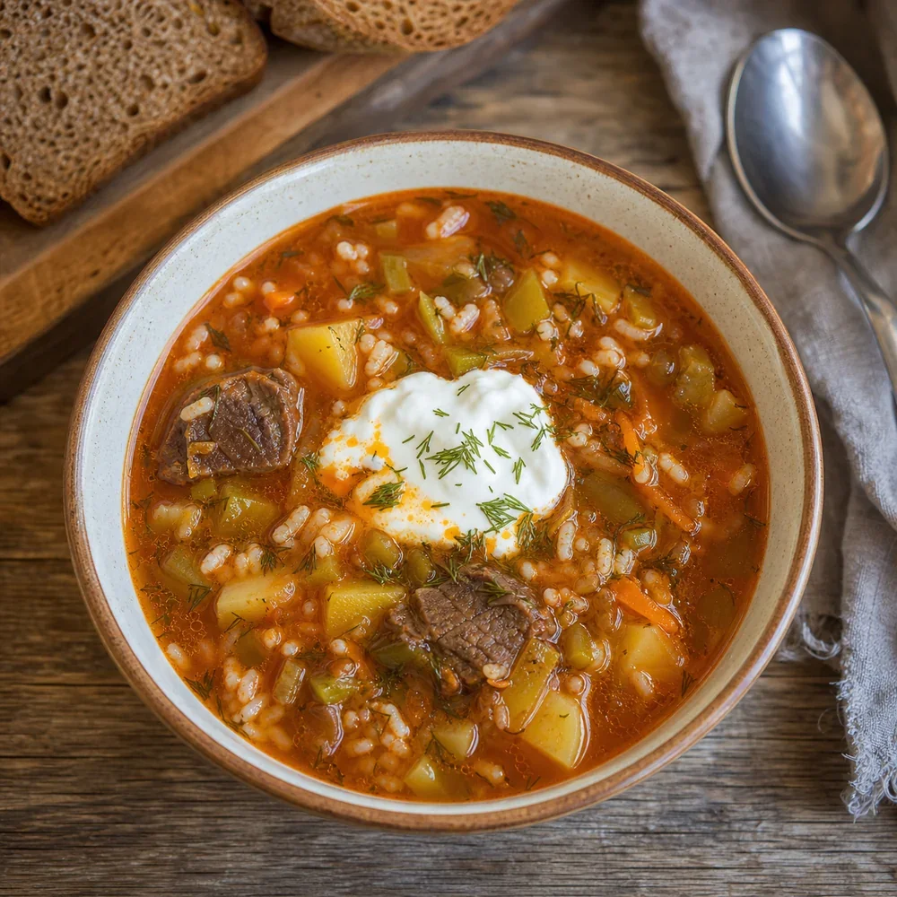 Миска рассольника с рисом, говядиной, картофелем, сметаной и укропом