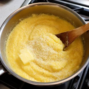 Creamy polenta stirred with melting butter and grated Parmesan cheese.