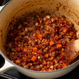 Garlic and tomato paste cooking with softened vegetables until dark brick red.