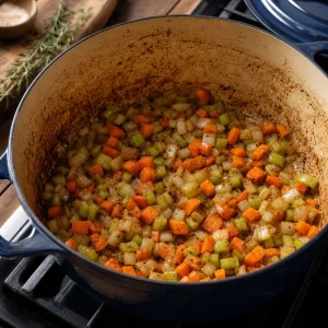 Onion, carrots, and celery sauteing in a Dutch oven for red wine braised short ribs.