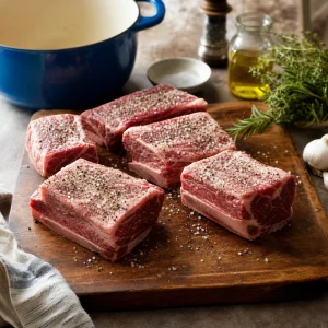 Raw beef short ribs seasoned generously with salt and black pepper