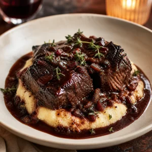Red wine braised short ribs served over creamy Parmesan polenta with sauce spooned on top.