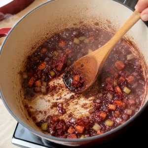 Red wine simmering in the Dutch oven while browned fond is scraped from the bottom.