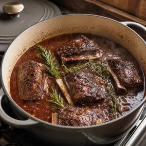 Seared beef short ribs returned to red wine braising liquid with rosemary and thyme.
