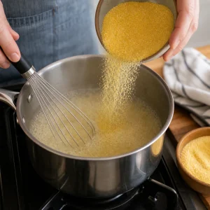 Yellow cornmeal being slowly whisked into boiling liquid to start creamy polenta.