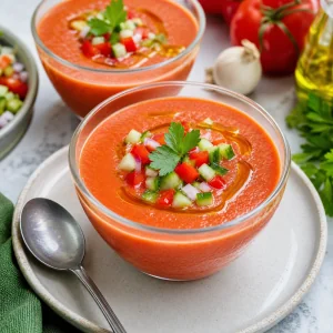 Chilled Spanish gazpacho served with olive oil, diced vegetables, and fresh herbs
