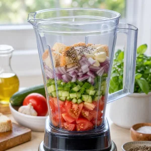 Chopped vegetables, soaked bread, salt, and pepper layered in a blender jar
