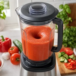 Gazpacho blending into a smooth vibrant red soup in a high-speed blender