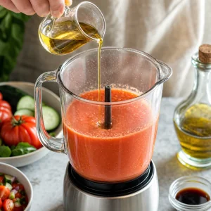 Olive oil and sherry vinegar drizzled into smooth red gazpacho for emulsion