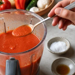 Smooth gazpacho tasted with a spoon beside salt and sherry vinegar for seasoning