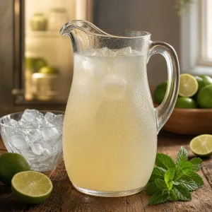 Chilled coconut lime pitcher with condensation beside ice and limes