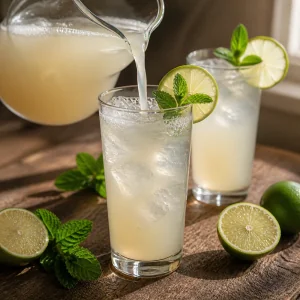 Coconut lime drink poured over ice with lime and mint garnish