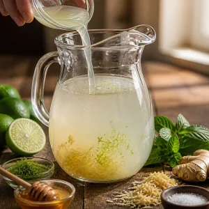 Coconut water and lime ingredients poured into a glass pitcher