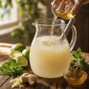 Cold brewed green tea poured into a coconut lime pitcher