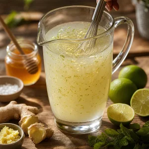 Pale coconut lime drink whisked with ginger and lime zest