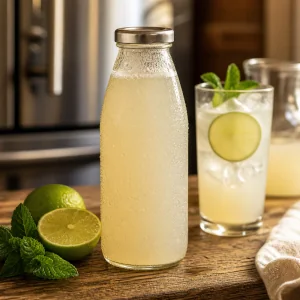 Sealed bottle of leftover coconut lime drink with a chilled glass