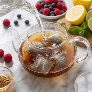 Black tea steeping in a glass teapot
