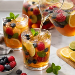 Fruit tea served over ice with berries and citrus