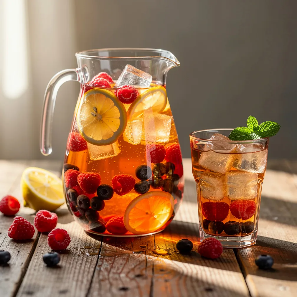 Serving glass with freshly prepared fruit tea garnished with mint and citrus slices