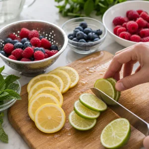 Sliced lemon and lime with rinsed berries