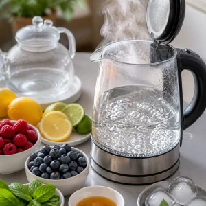 Water boiling in a kettle for fruit tea