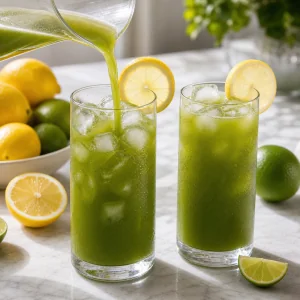 Limonada gelada de matcha servida em dois copos com guarnição de limão