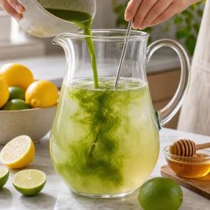 Matcha, suco de limão, mel e água fria misturados em uma jarra